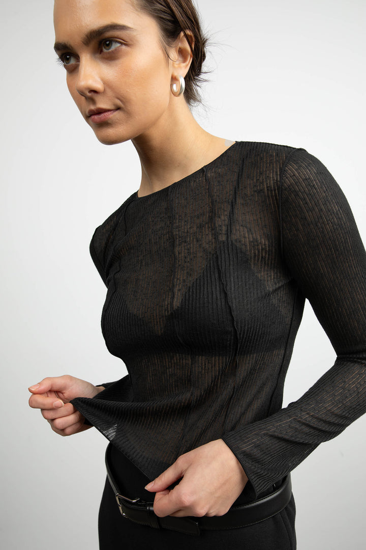 EXPOSED SEAM LONG SLEEVE TOP in Black — alternate angle