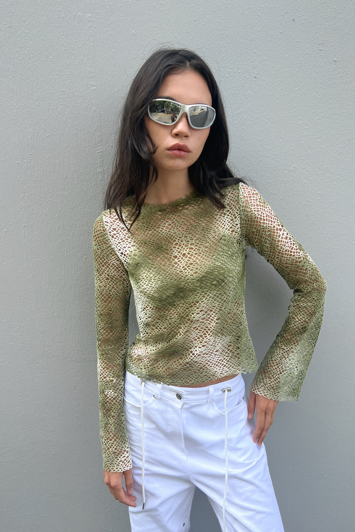 GRADIENT OPEN-KNIT TOP in Olive — alternate angle