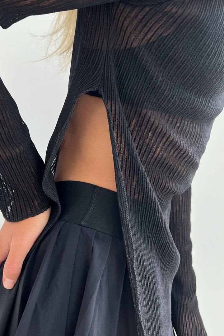 LONG SLEEVE MESH TOP in Black — alternate angle