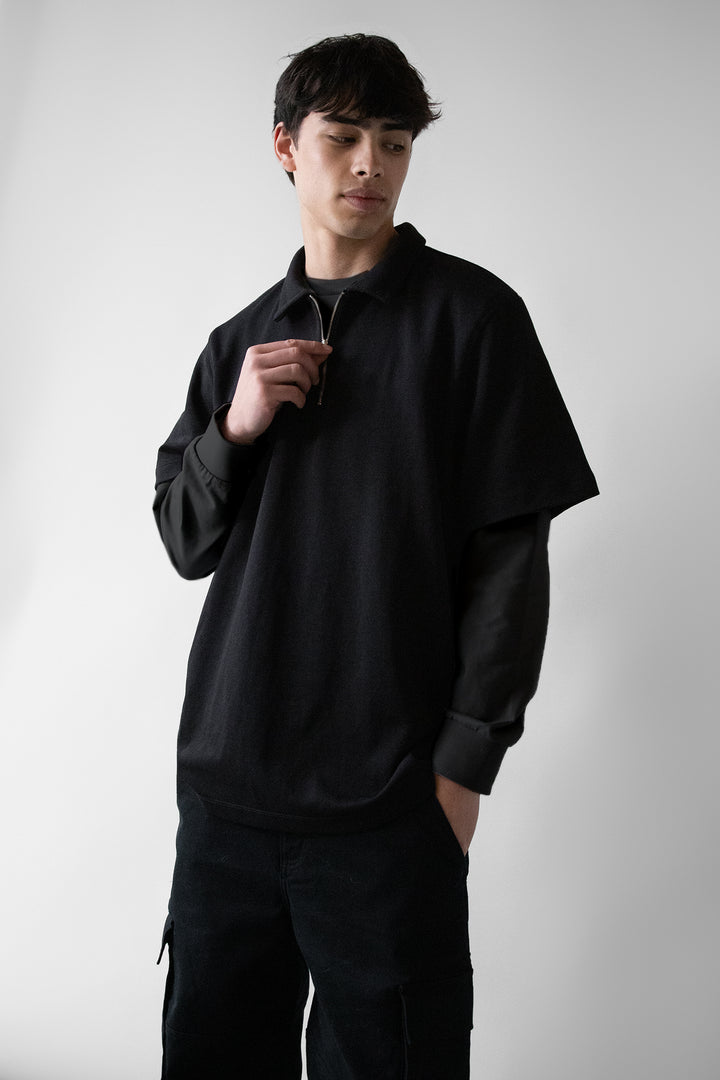HALF ZIP POLO T-SHIRT in Black — alternate angle