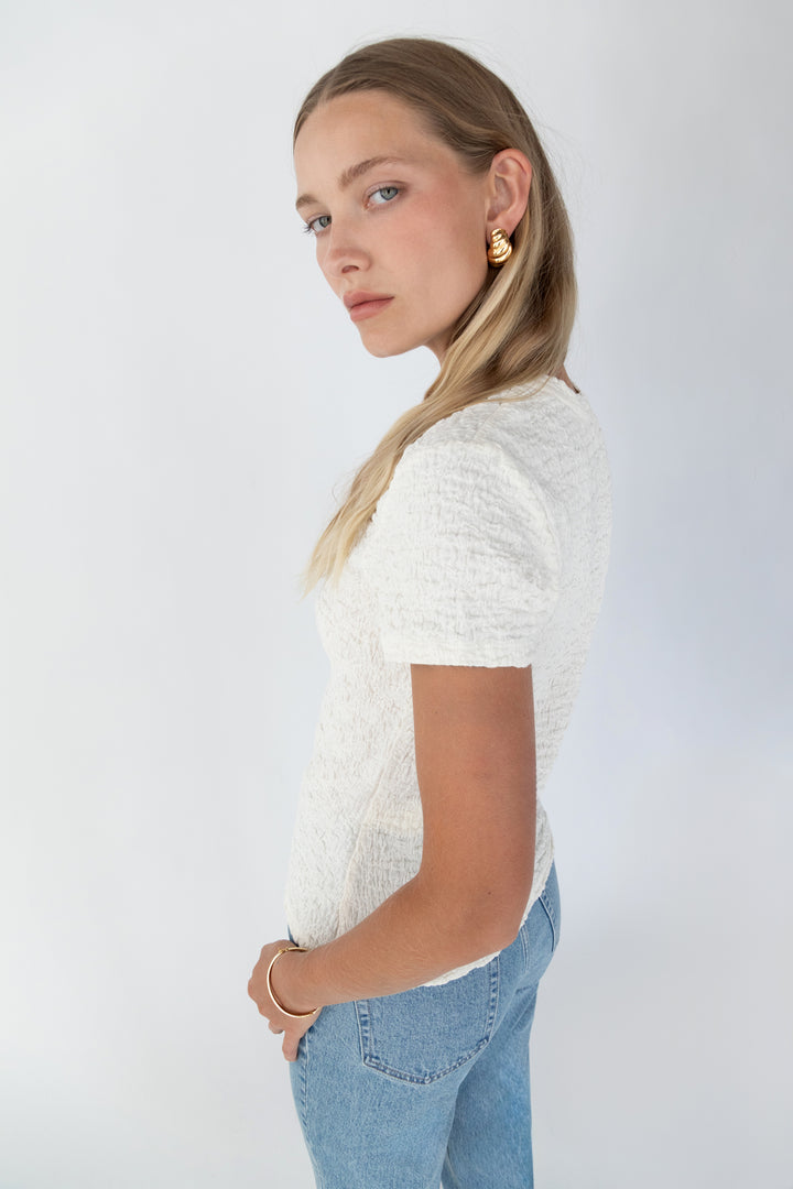 CRINKLE TEXTURED T-SHIRT in Cream — alternate angle