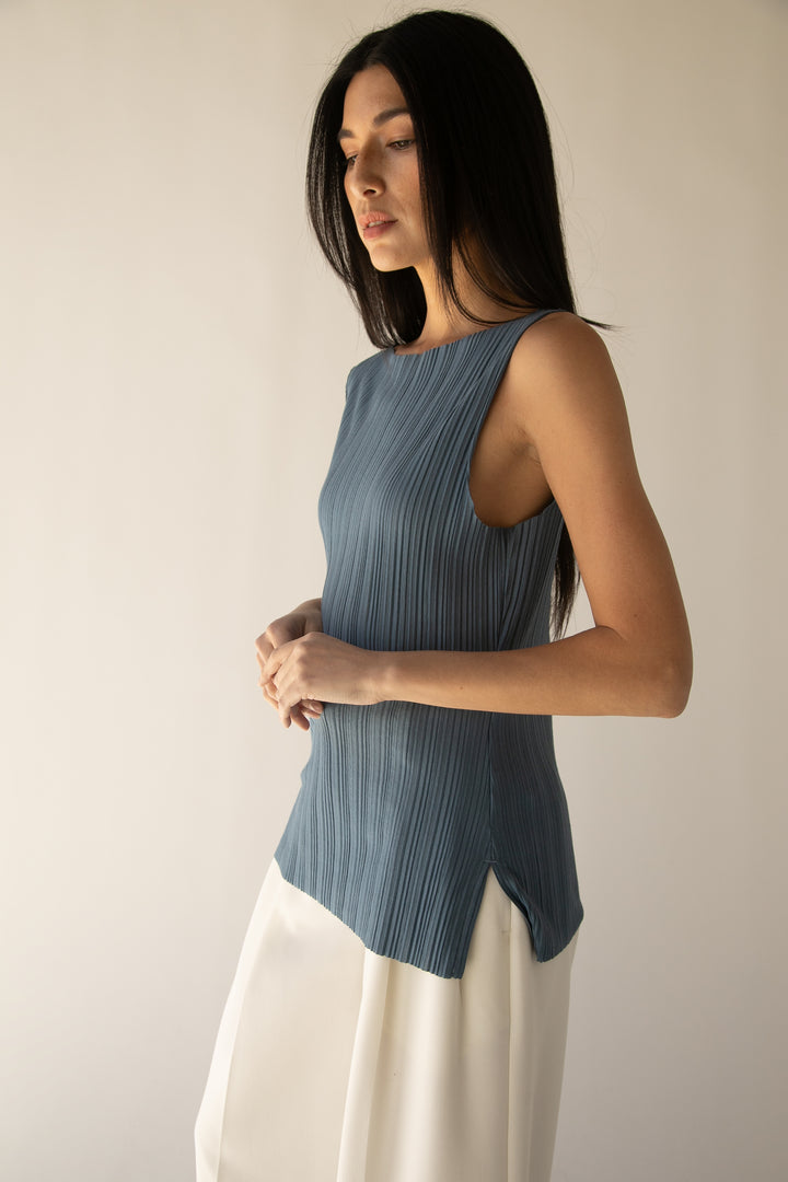 PLEATED TANK TOP in Bluefin — alternate angle