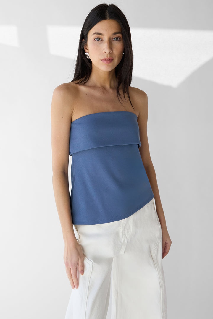 TUBE TOP WITH FOLD-OVER DETAIL in Bluefin — alternate angle