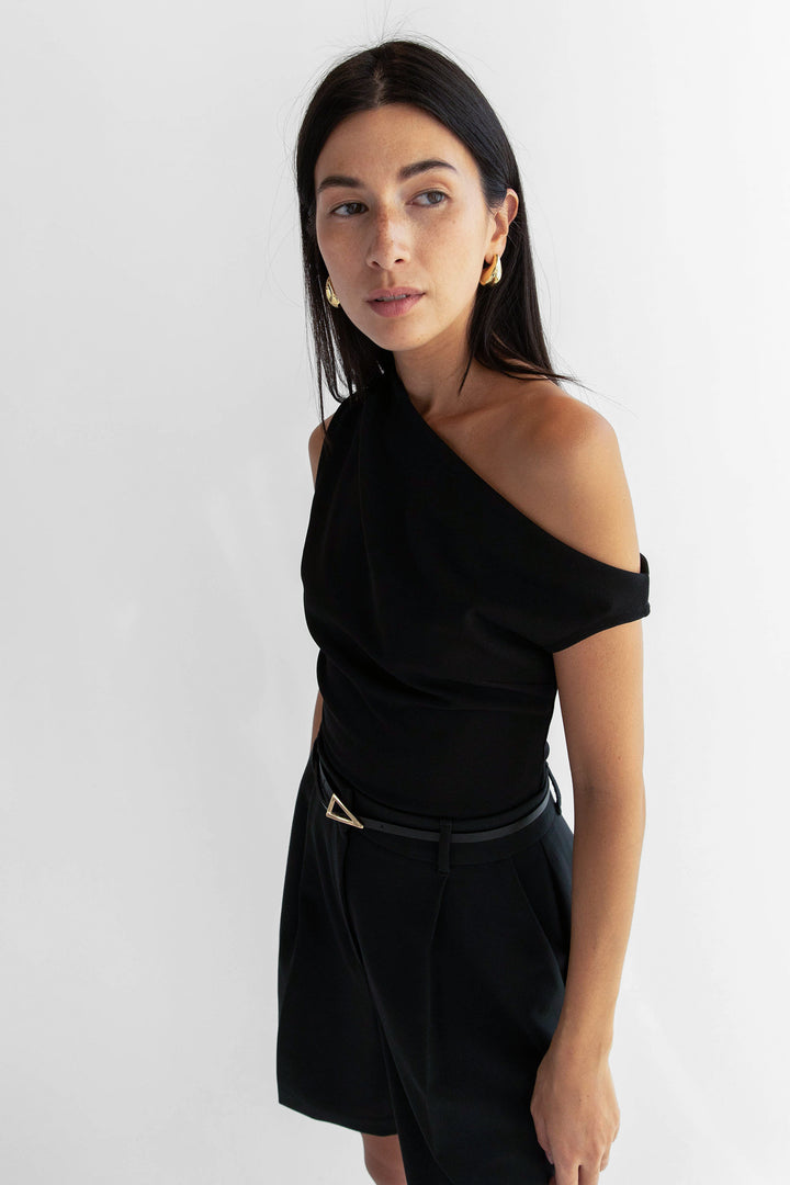 ASYMMETRIC OFF THE SHOULDER TANK in Black — alternate angle