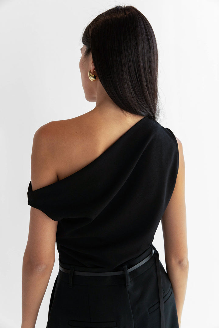 ASYMMETRIC OFF THE SHOULDER TANK in Black — alternate angle