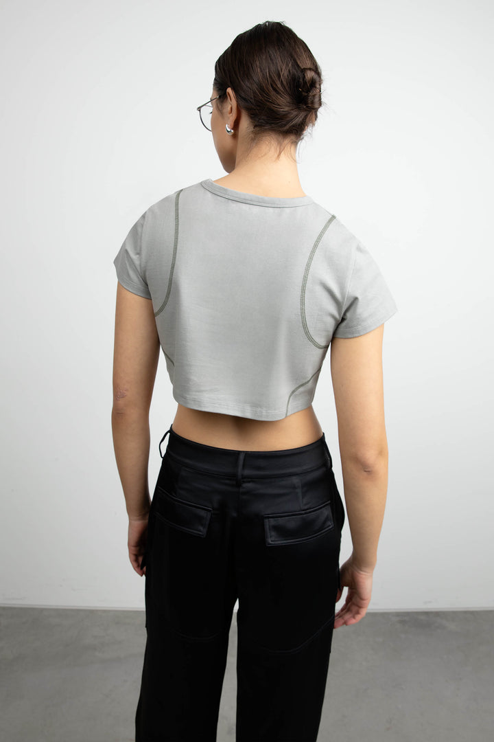 ORGANIC COTTON CROPPED TEE WITH STITCHING in Limestone — alternate angle
