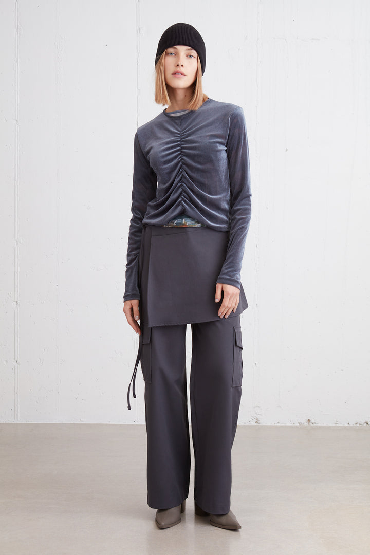SHINY TOP WITH FRONT GATHER DETAIL in Navy — alternate angle