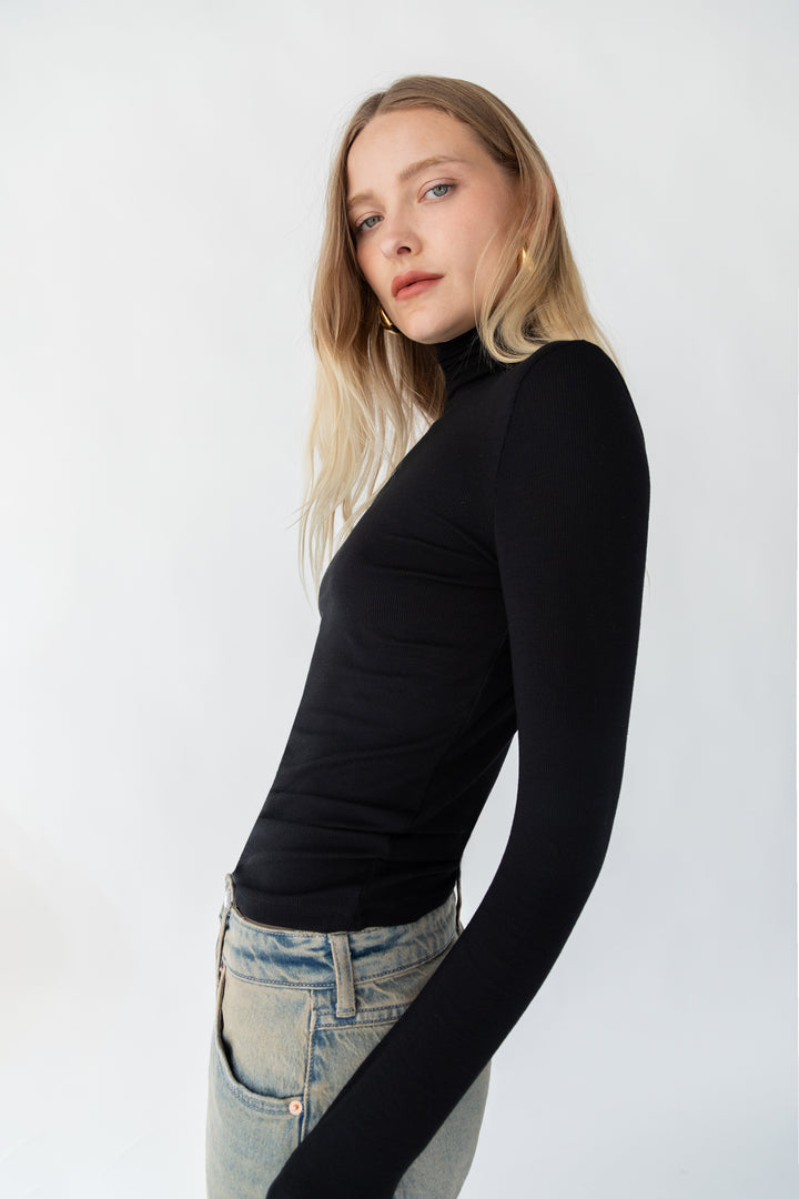 FINE KNIT TURTLENECK TOP in Black — alternate angle