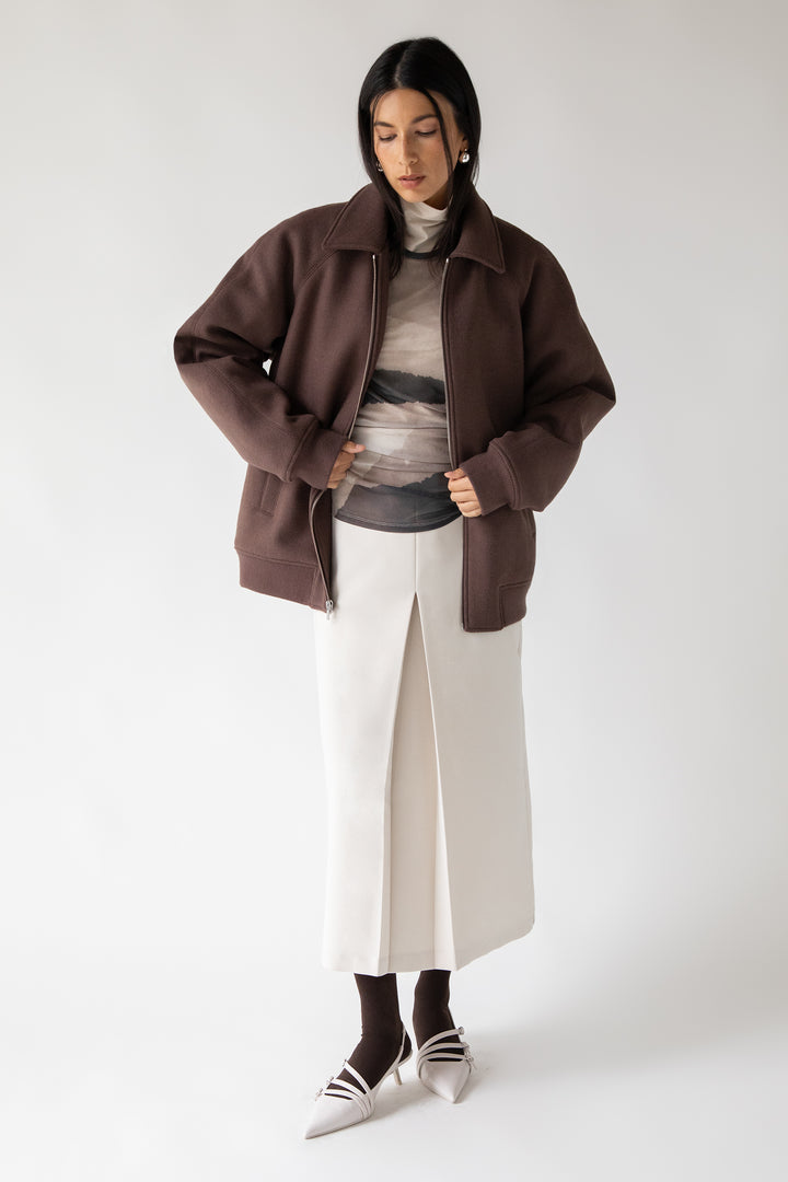 MESH LONG SLEEVE TOP in Beige Print — alternate angle