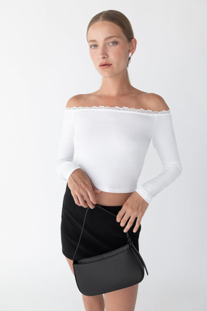 CROPPED OFF THE SHOULDER TOP WITH LACE TRIM in White — alternate angle