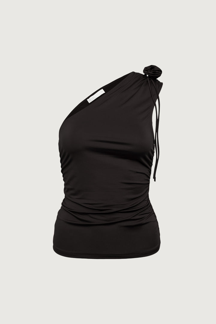 ONE SHOULDER RUCHED TOP WITH ROSETTE DETAIL in Black — alternate angle