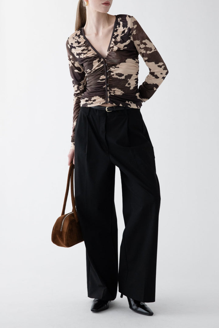 BUTTON FRONT V-NECK LONG SLEEVE TOP in Cow Print — alternate angle