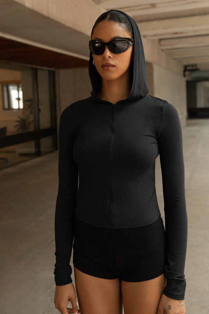 FITTED ZIP-UP HOODIE in Black — alternate angle