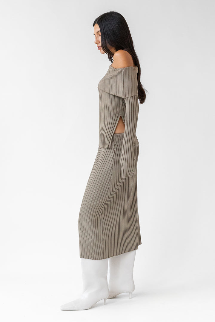 OFF THE SHOULDER LONG SLEEVE TOP in Taupe — alternate angle