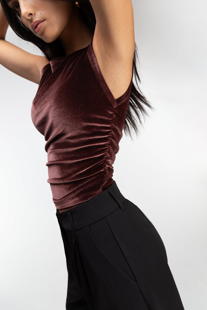 VELVET SLEEVELESS TANK TOP in Bitter Chocolate — alternate angle