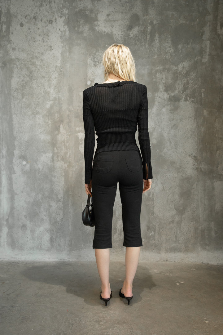 RUFFLED V-NECK LONG SLEEVE TOP in Black — alternate angle