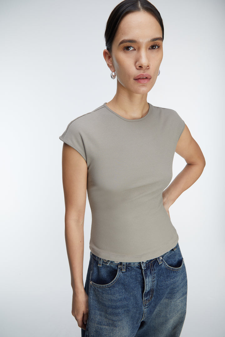 RIBBED MODAL CAP SLEEVE T-SHIRT in Brindle — alternate angle