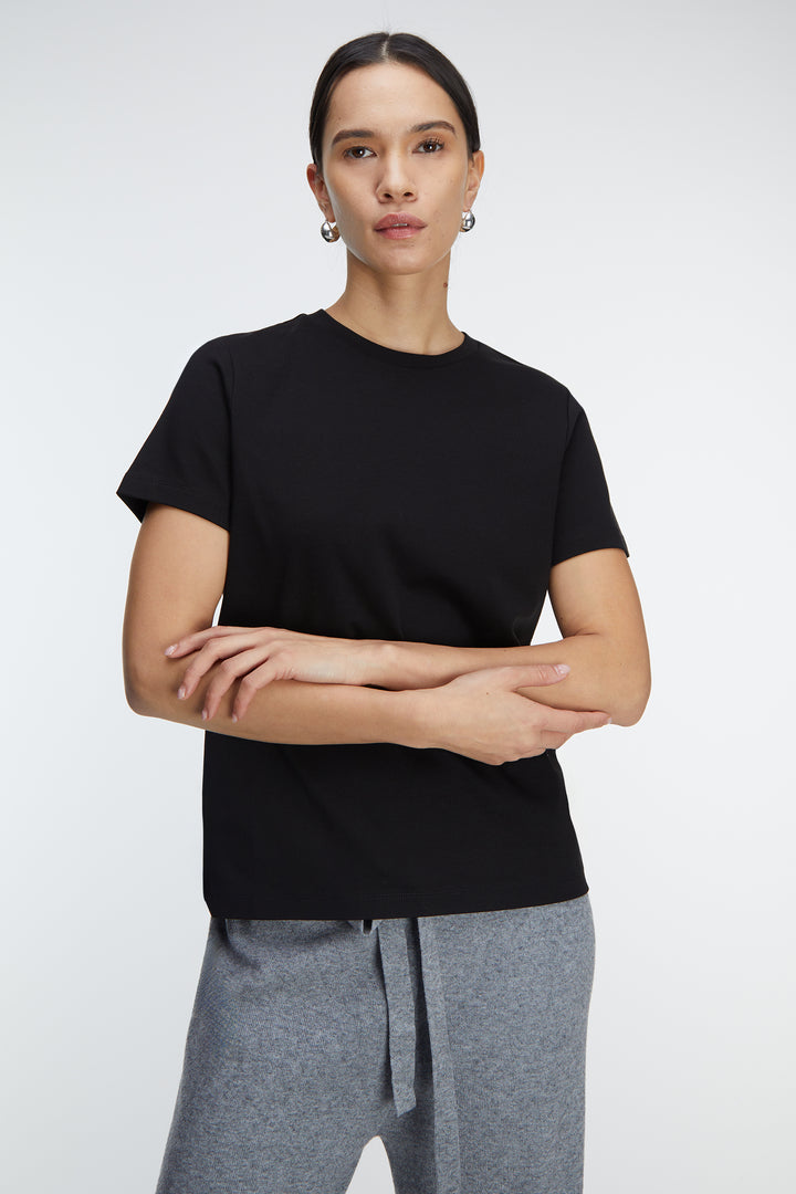 DOUBLE-KNIT COTTON CREWNECK T-SHIRT in Black — alternate angle