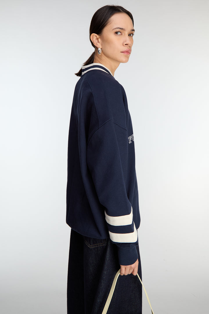 V-NECK VARSITY GRAPHIC SWEATSHIRT in Navy Blazer Birch — alternate angle