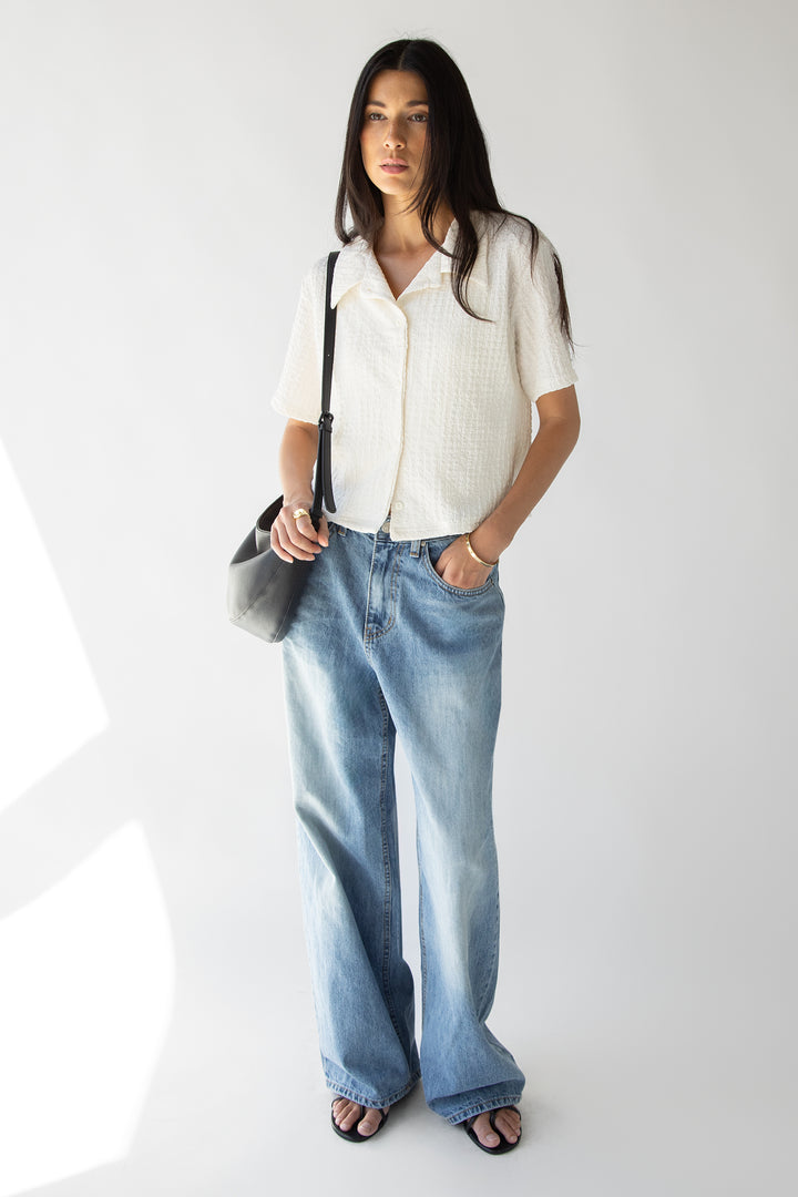 SHORT SLEEVE CRINKLE BUTTON UP in Cream — alternate angle