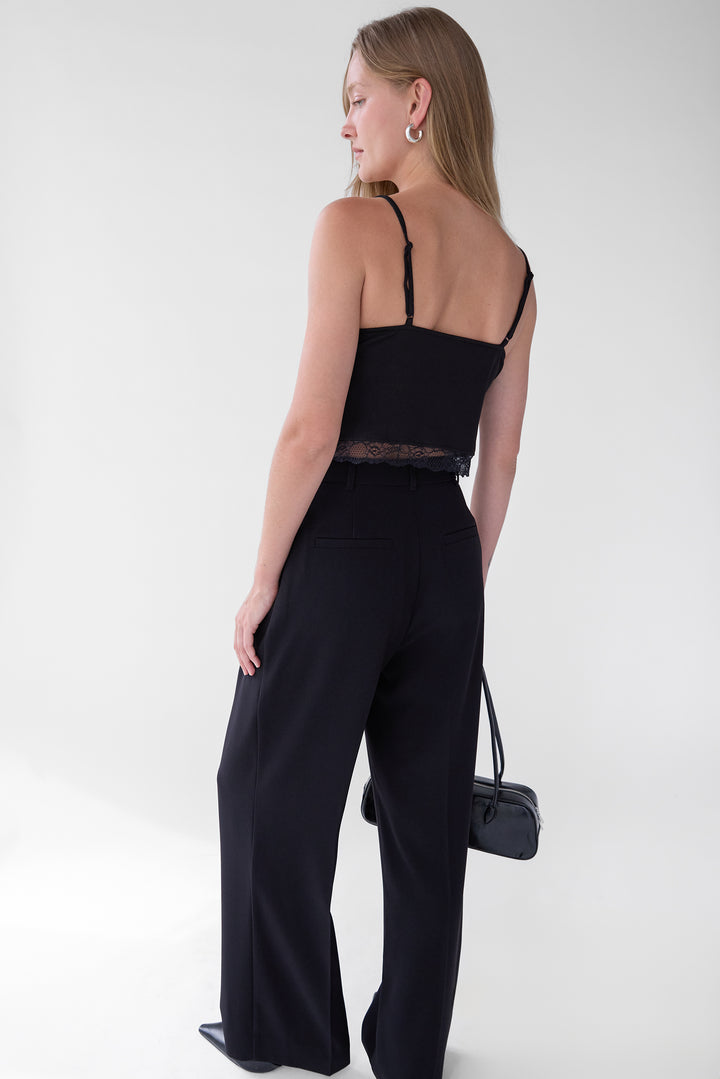 TIE FRONT LACE TRIM TANK CAMISOLE in Black — alternate angle