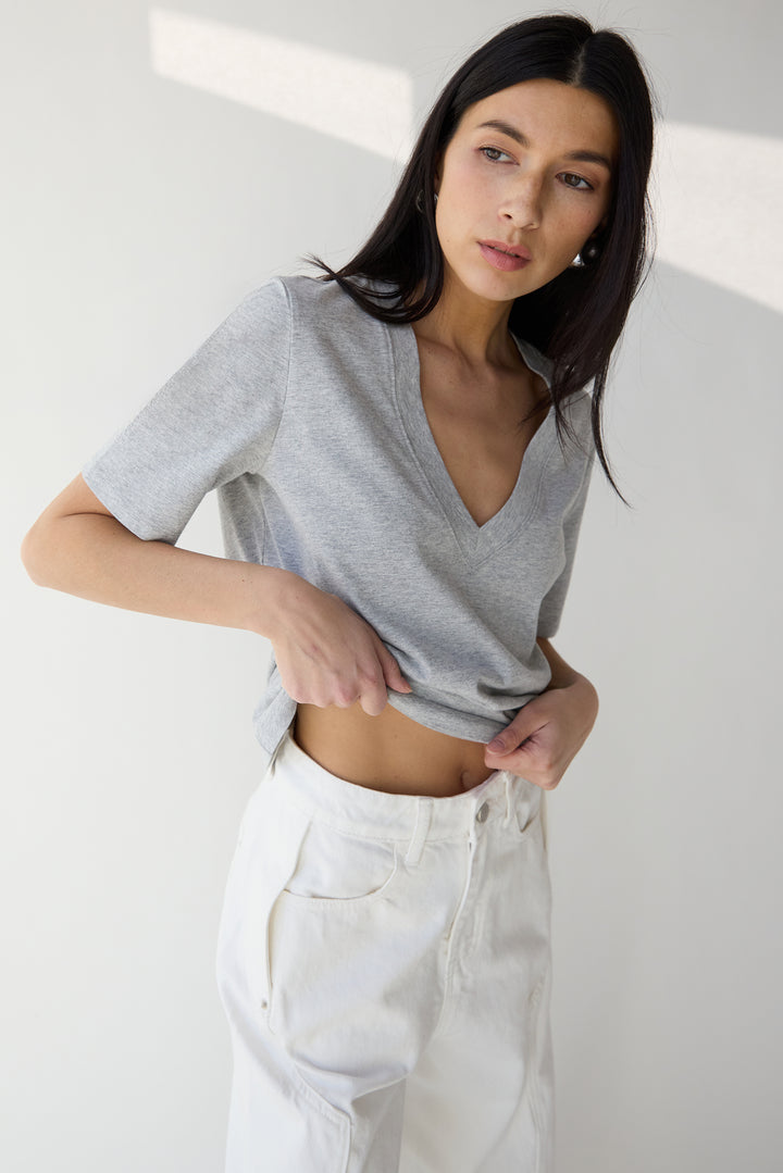 V-NECK T-SHIRT in Heather Grey — alternate angle