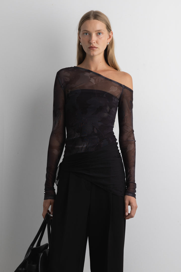 FLORAL PRINT OFF SHOULDER LONG SLEEVE TOP in Black Floral — alternate angle