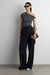 Off shoulder top with side twist detail in grey pinstripe — main image