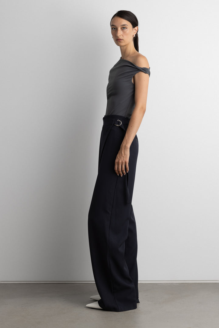 OFF SHOULDER TOP WITH SIDE TWIST DETAIL in Grey Pinstripe — alternate angle