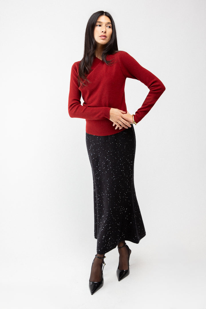 LONG SLEEVE GATHERED NECK TOP in Burgundy — alternate angle