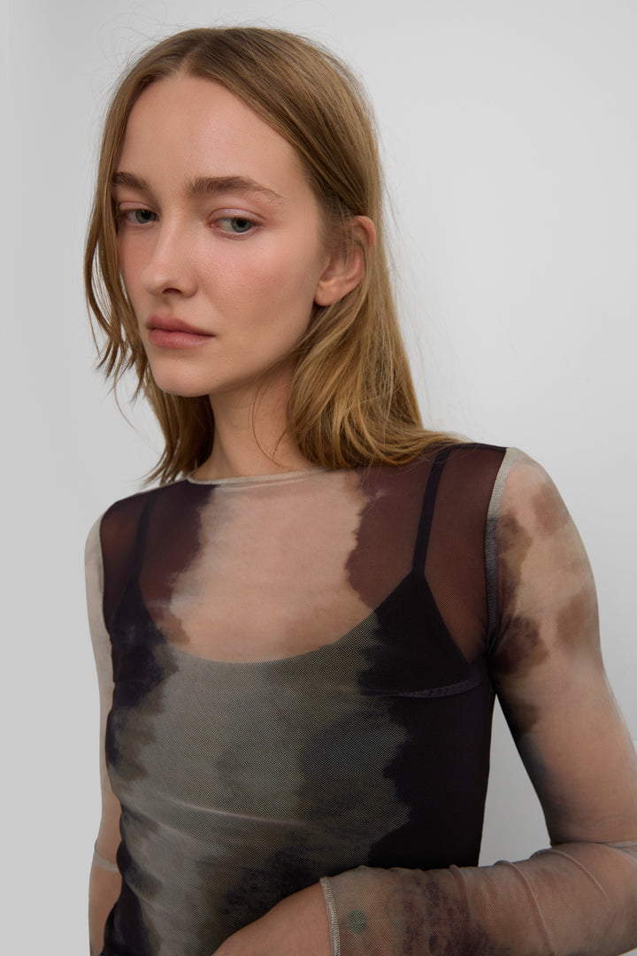 MESH LONG SLEEVE TOP in Smoke Beige — alternate angle
