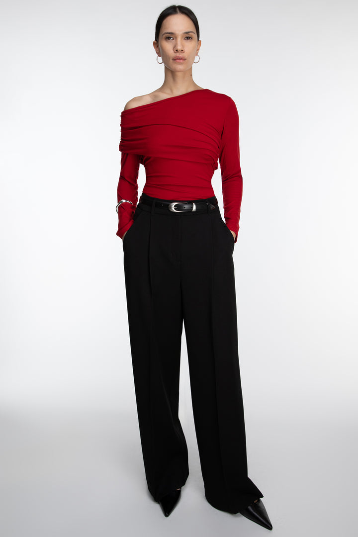 Off the Shoulder Ruched Top in Red — alternate angle