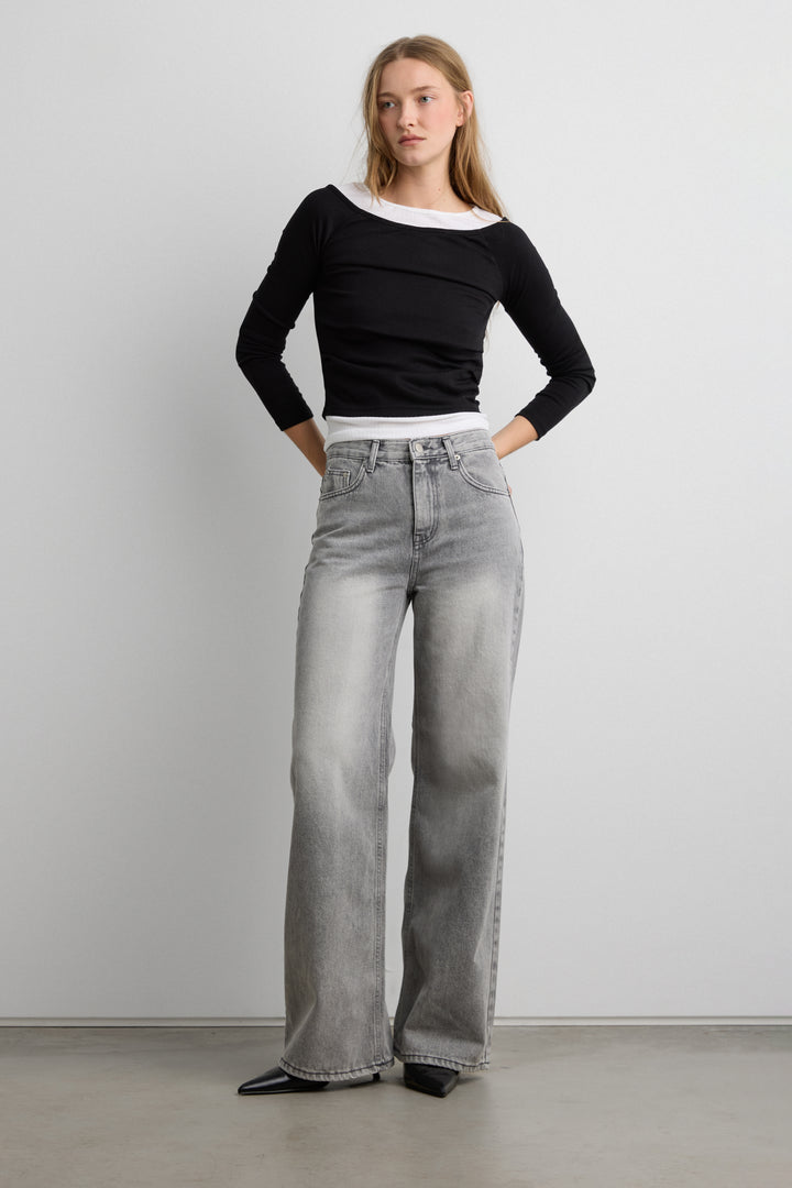 LAYERED BOAT NECK TOP in Black — alternate angle