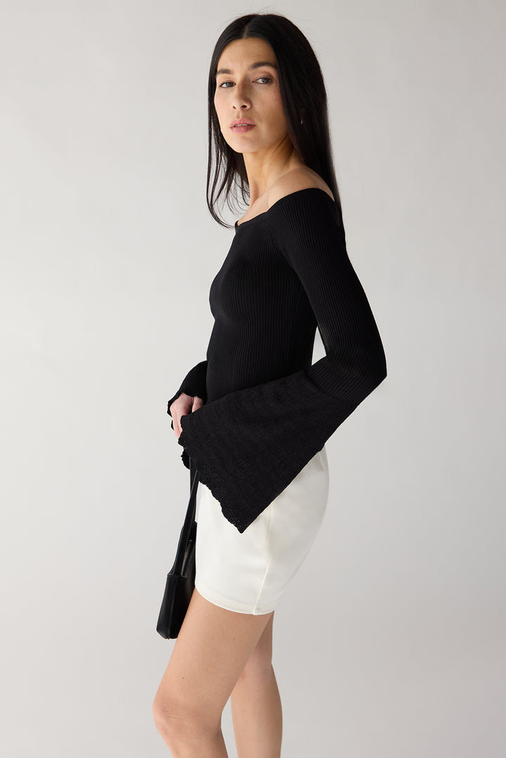 OFF THE SHOULDER TRUMPET SLEEVE TOP in Black — alternate angle