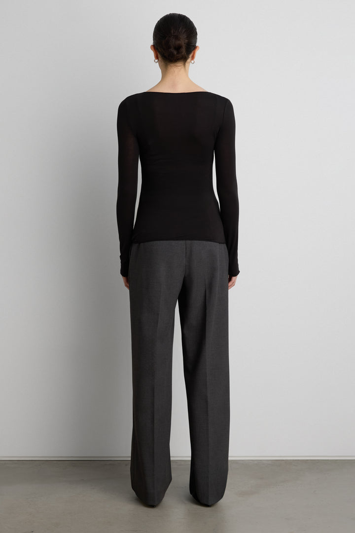 SHEER LIGHTWEIGHT BOAT NECK TOP in Black — alternate angle