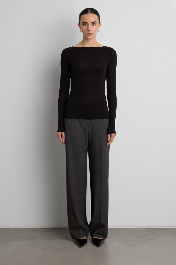 SHEER LIGHTWEIGHT BOAT NECK TOP in Black — alternate angle