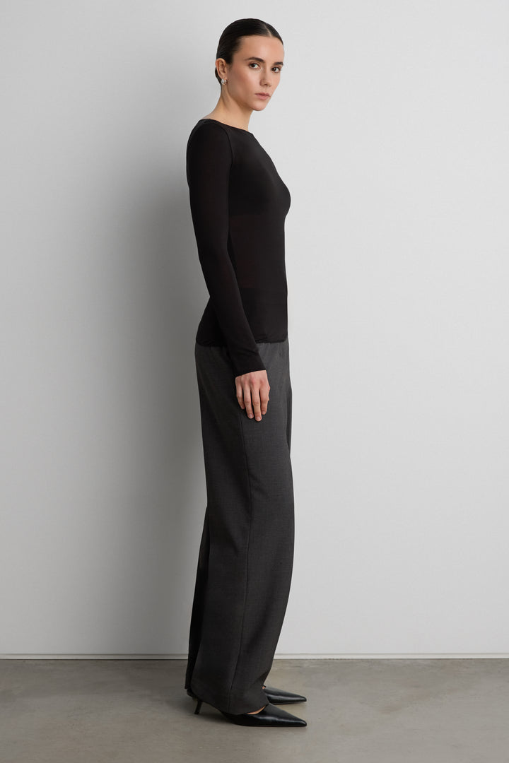 SHEER LIGHTWEIGHT BOAT NECK TOP in Black — alternate angle