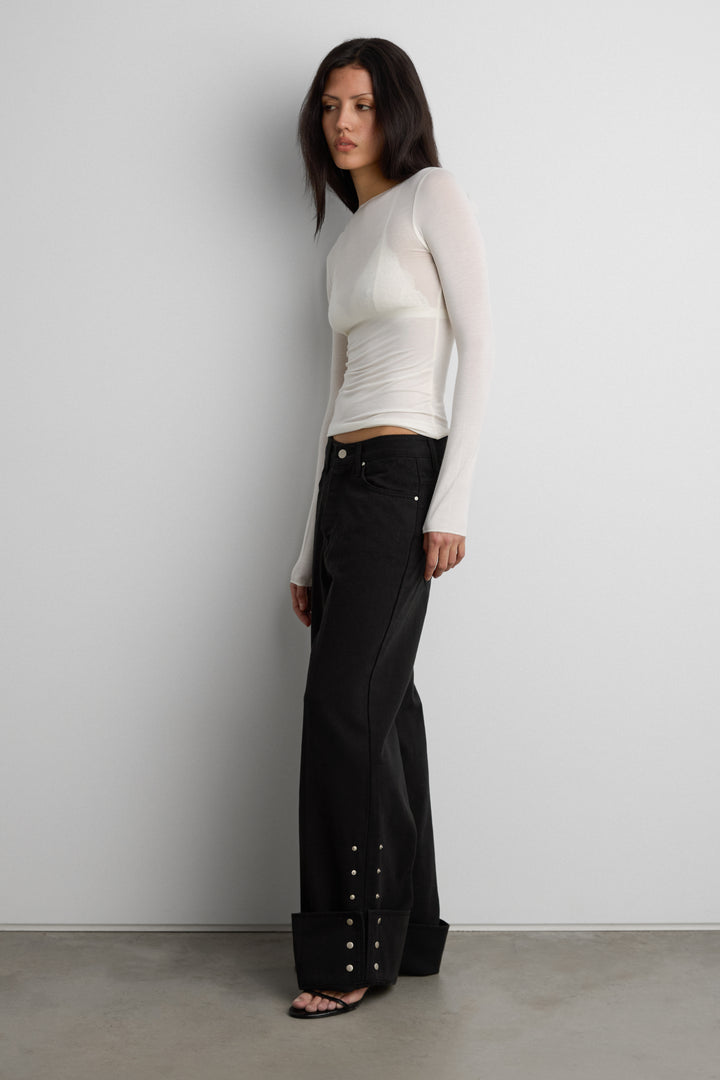 SHEER LIGHTWEIGHT BOAT NECK TOP in Cream — alternate angle