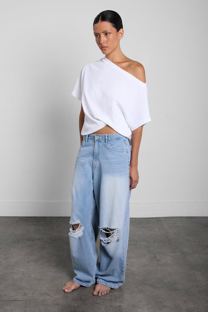 OFF THE SHOULDER COTTON JERSEY T-SHIRT in White — alternate angle