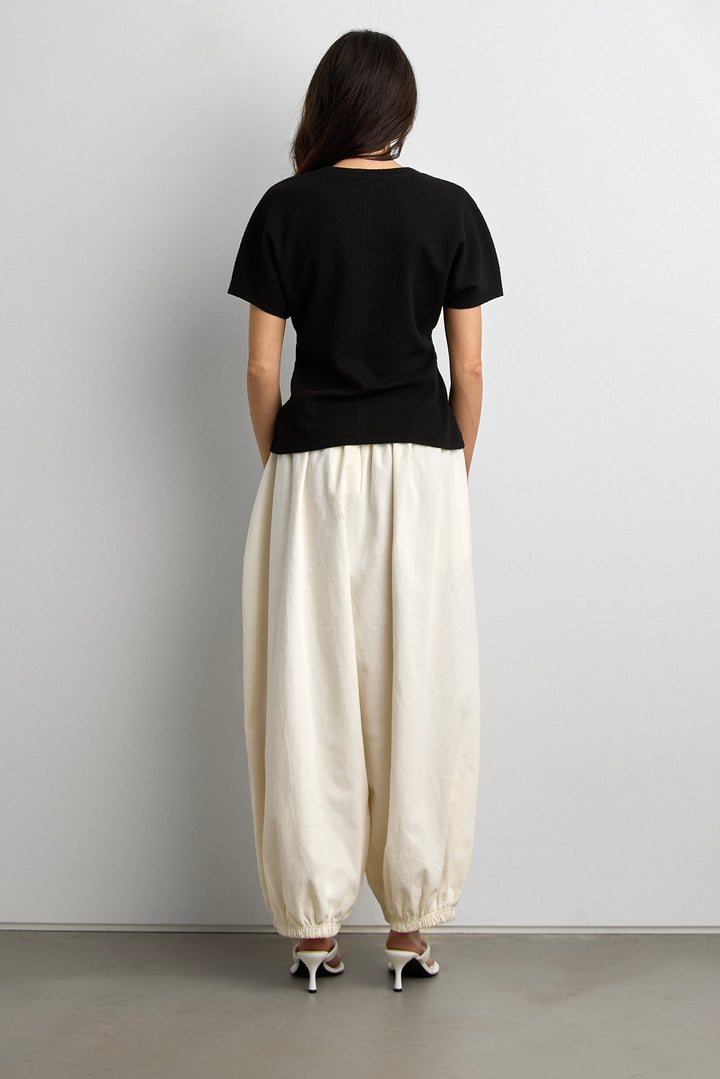 KNIT SHORT SLEEVE RUCHED WAIST TOP in Black — alternate angle