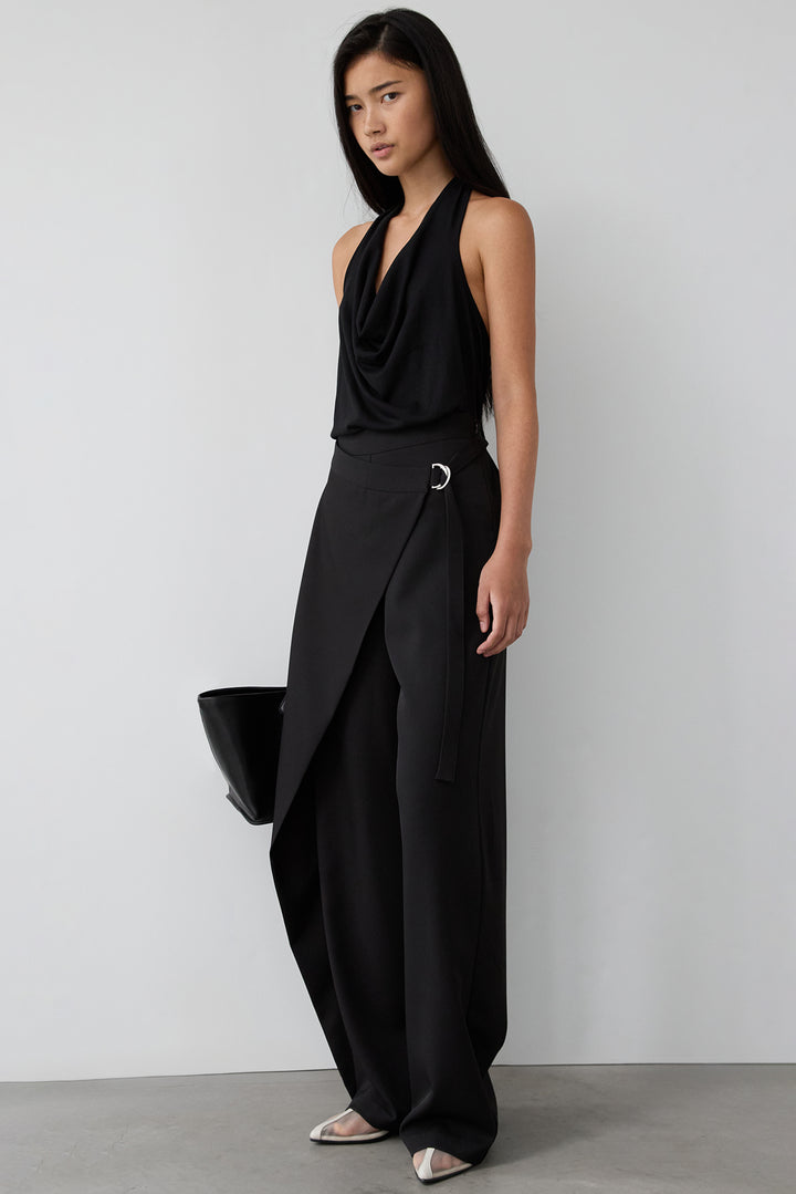 RAYON BLEND TIE NECK HALTER TOP in Black — alternate angle