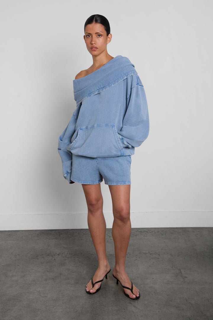 GARMENT DYED SLOUCHY OFF THE SHOULDER HOODIE in GD Blue — alternate angle