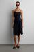 Woven print halter neck tank with open back in navy pinstripe — main image