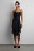 Woven print halter neck tank with open back in navy pinstripe — main image
