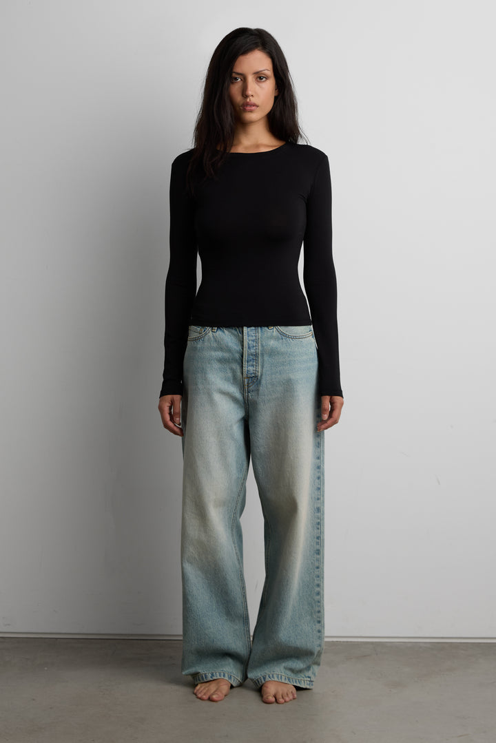COTTON MODAL FITTED LONG SLEEVE TOP in Black — alternate angle