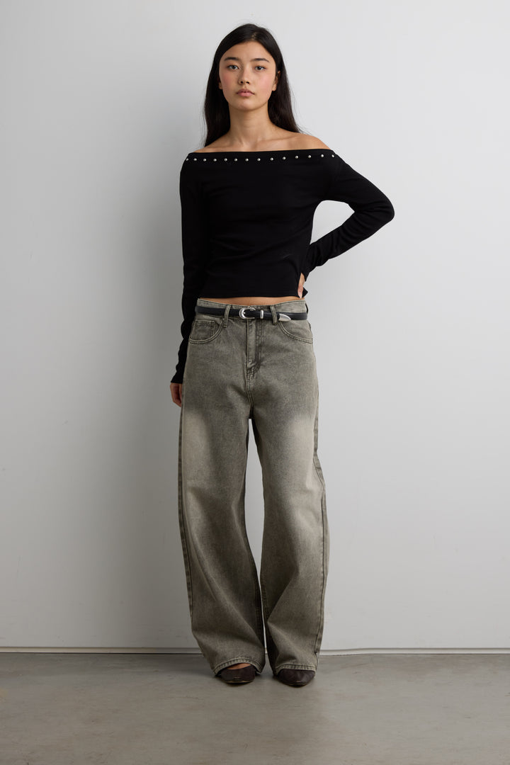 STUD DETAIL OFF THE SHOULDER TOP in Black — alternate angle