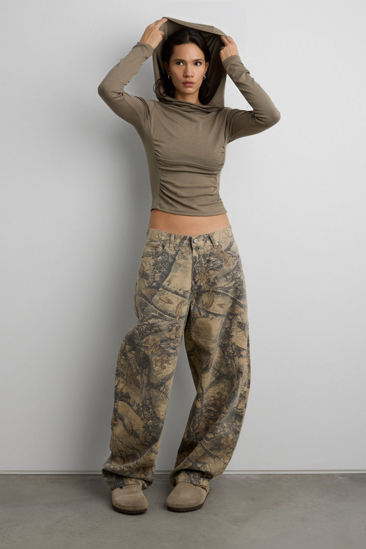 RUCHED COWL CROPPED HOODIE in Olive — alternate angle