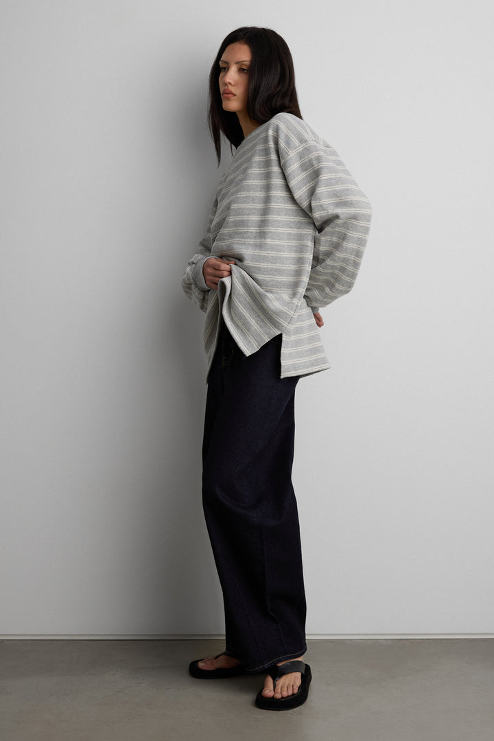 BRUSHED FLEECE STRIPED PULLOVER in Gray Stripe — alternate angle