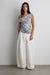 Draped checkered cowl neck top in gray plaid — main image