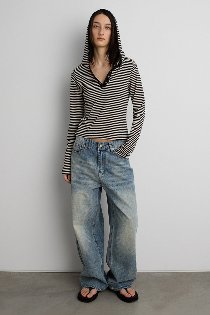 HOODED STRIPED TOP WITH SNAP FRONT DETAIL in Black stripe — alternate angle